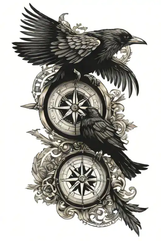 Nordic compass and raven perched tattoo design idea
