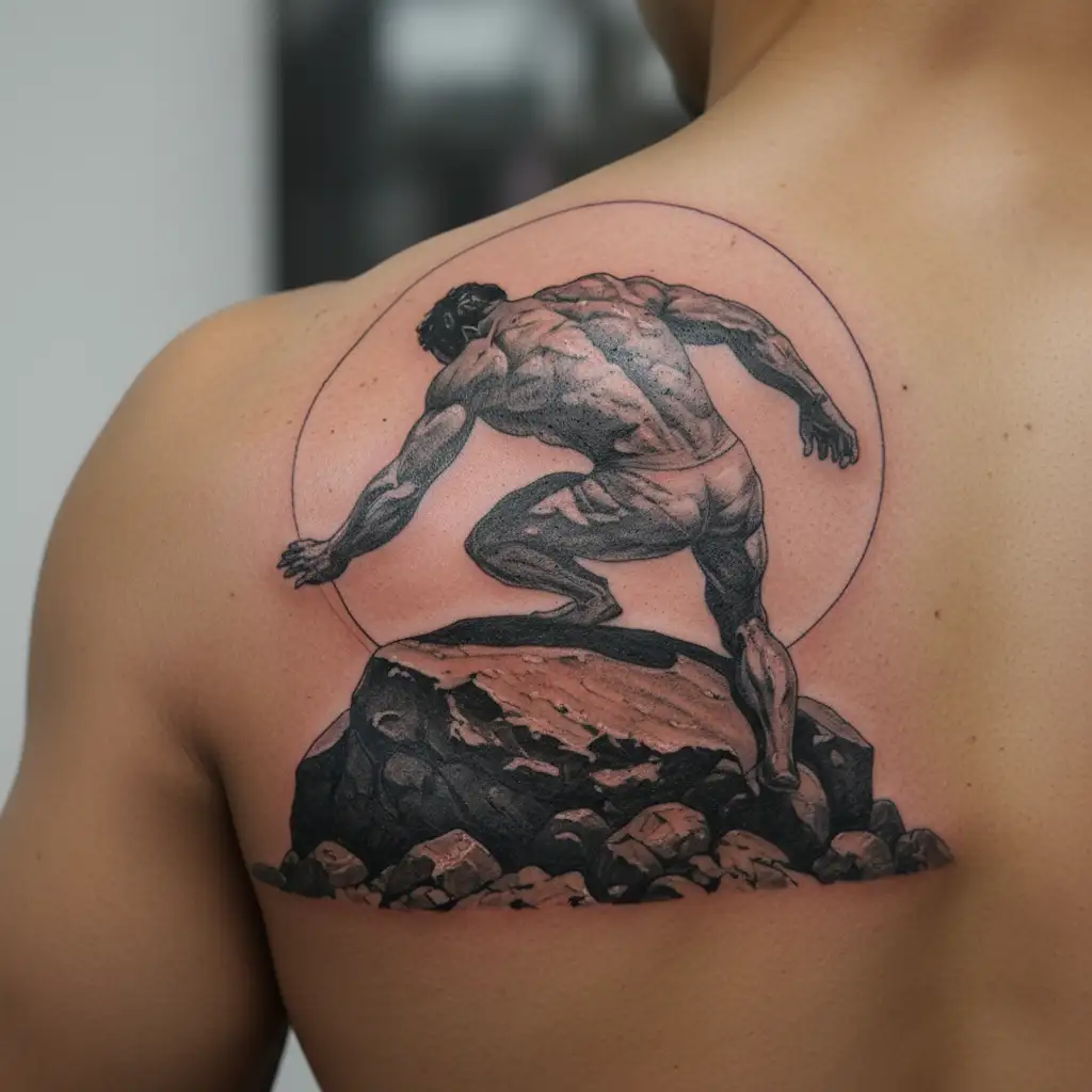 sisyphus pushing a rock tattoo design idea