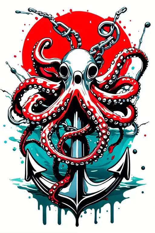 octopus wrapped around anchor in water with broken chain tattoo design idea