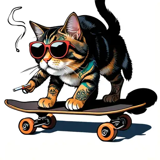 cat standing on a skateboard doing a trick, smoking a cigarette with sun glasses with tattoos tattoo design idea