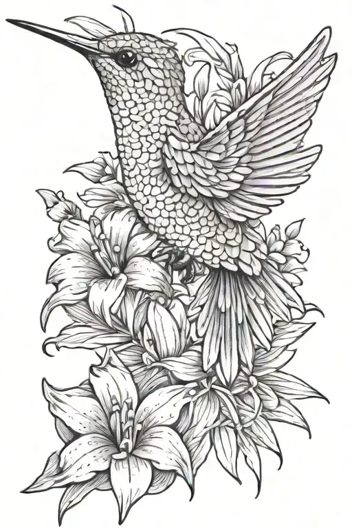 hummingbird surrounded by daisy and gladiolus flowers tattoo design idea