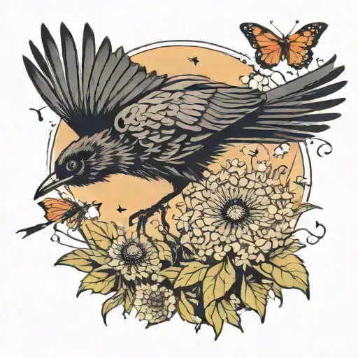 Dandelion crow chasing butterflies fluttering tattoo design idea