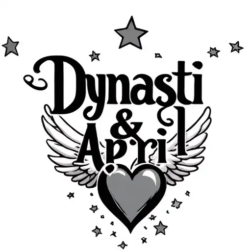"Dynasti & April" "Dynasti & April" name in shape of heart with wings and 5 point stars in the clouds tattoo design idea