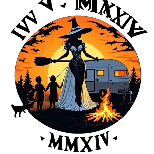 "IV V MMXIV" "IV V MMXIV" silhouette of busty sexy witch bride on broomstick over a campsite with a trailer and campfire with children & dog tattoo design idea