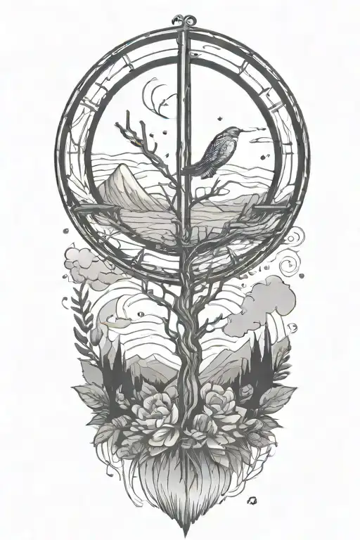 peace and lightining storm and time and nature tattoo design idea