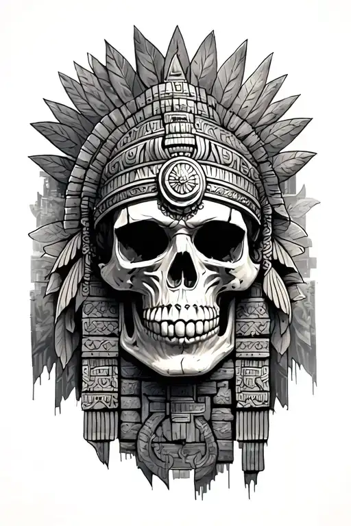 Aztec skull and temple surrounded tattoo design idea