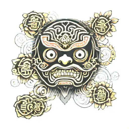 daruma and bitcoin technology style tattoo design idea