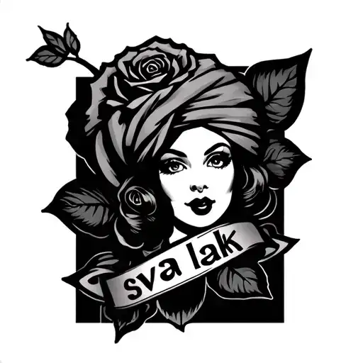 rose with a turbaned pin up girl face in the centre and a banner that reads "sva lakh" oldd school black and white  tattoo design idea