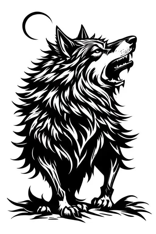 Viking tribal wolf howling at the moon tattoo design idea