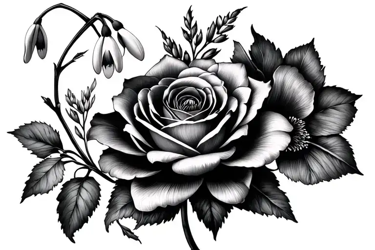 snowdrop & rose & larkspur & Waterlilly & poppy tattoo design idea