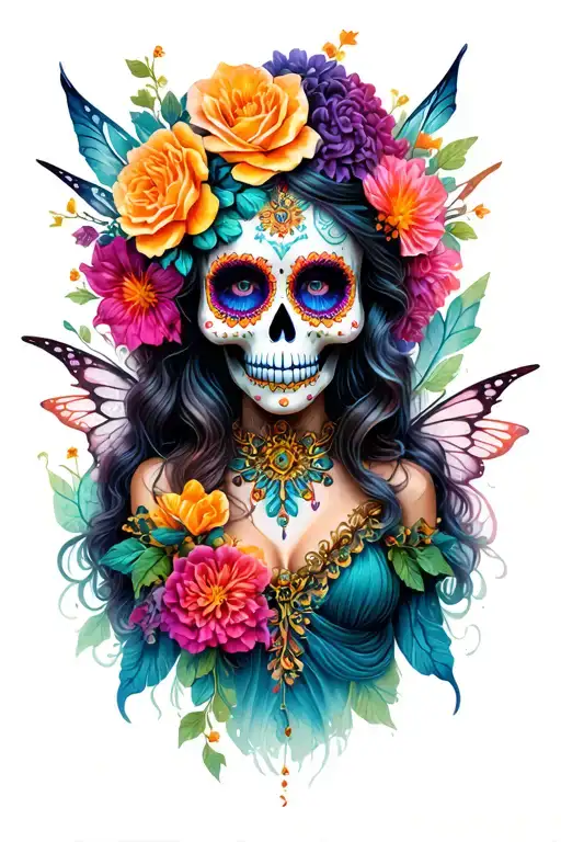 sugar skull fairy tattoo design idea