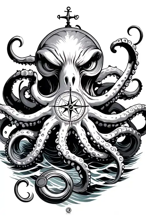 angry kracken octopus in ocean with nautical compass in middle with tentacles out wide with waves tattoo design idea