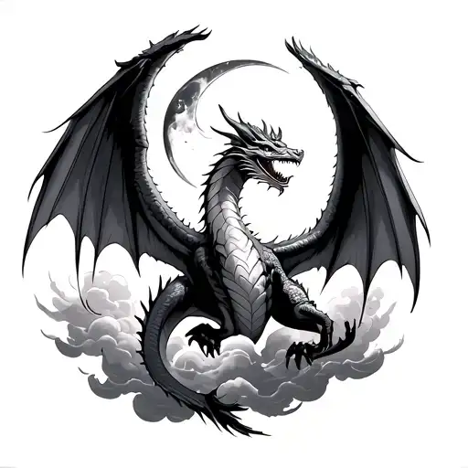 Western dragon with big wings touching a crescent moon in the clouds on the forearm tattoo design idea
