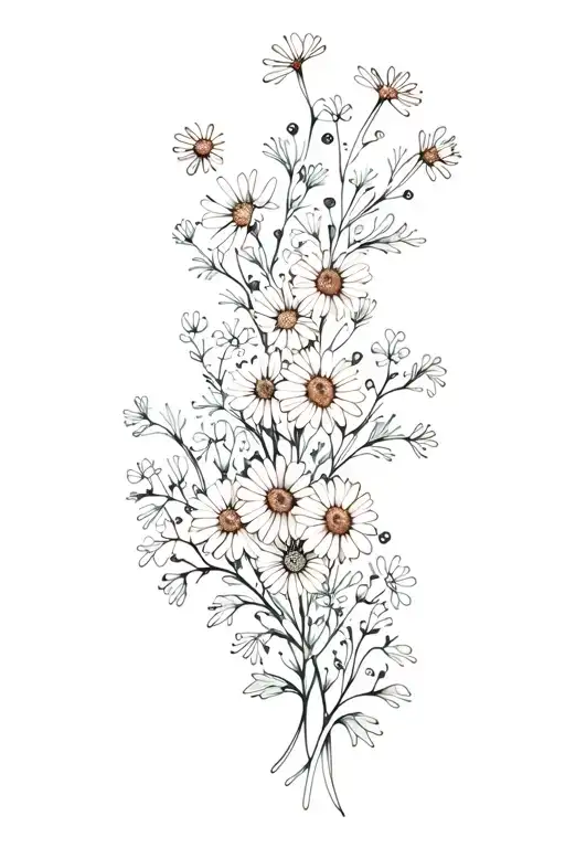 Dainty floral spine tatto with baby's breath, daisies, and more tattoo design idea