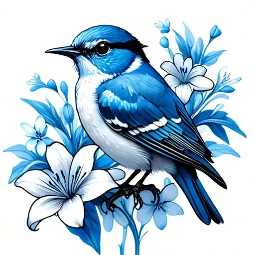 blue wren with funeral lilies and forget-me-nots tattoo design idea