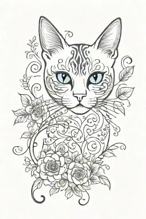 A cat with blue huge eyes and flowers and vines tattoo design idea