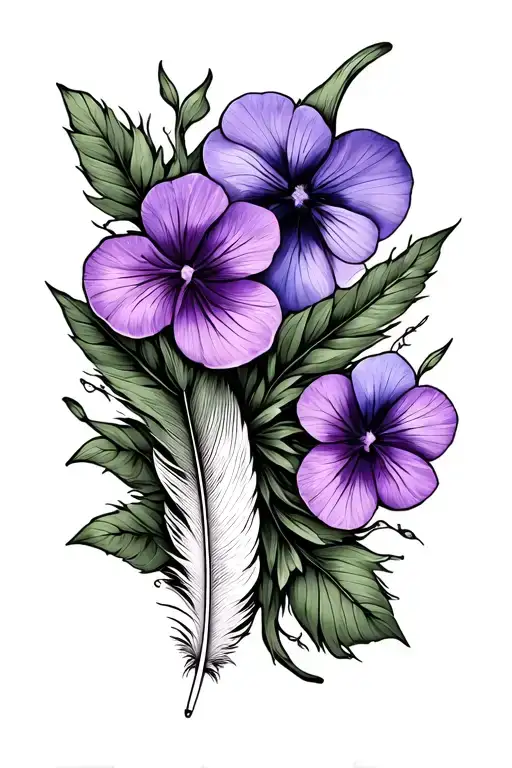 2 feathers and violets tattoo design idea