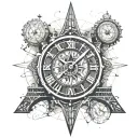 watch, clock face, eiffel tower, dubai towers, compass, worl map tattoo design idea