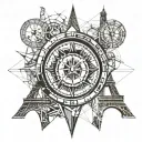 watch, clock face, eiffel tower, dubai towers, compass, worl map tattoo design idea