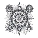 watch, clock face, eiffel tower, dubai towers, compass, worl map tattoo design idea