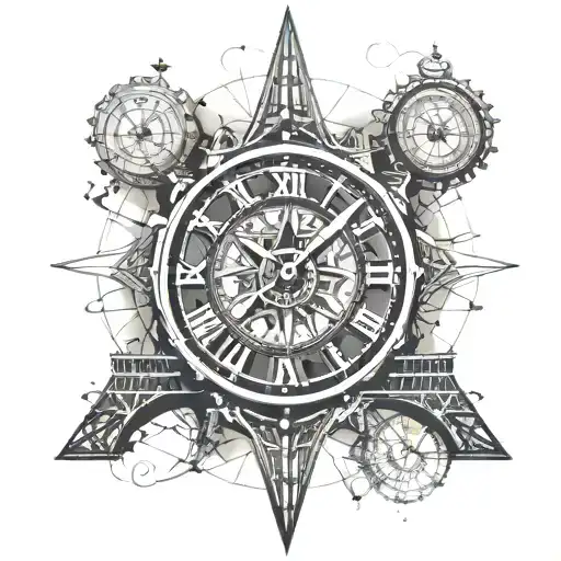 watch, clock face, eiffel tower, dubai towers, compass, worl map tattoo design idea