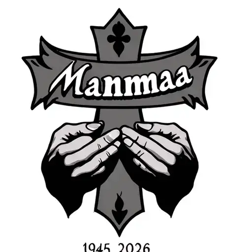 Cross With two hands holding saying Mamma 1945 - 2026 tattoo design idea