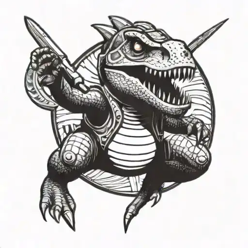 cartoon dinosaur with astronaut helmet on a planet with a trident and a longsword tattoo design idea