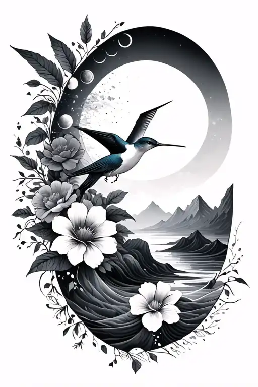 fine line vertical spine tattoo with flowers, hummingbird, moon phases, the sun, waves, mountains  tattoo design idea
