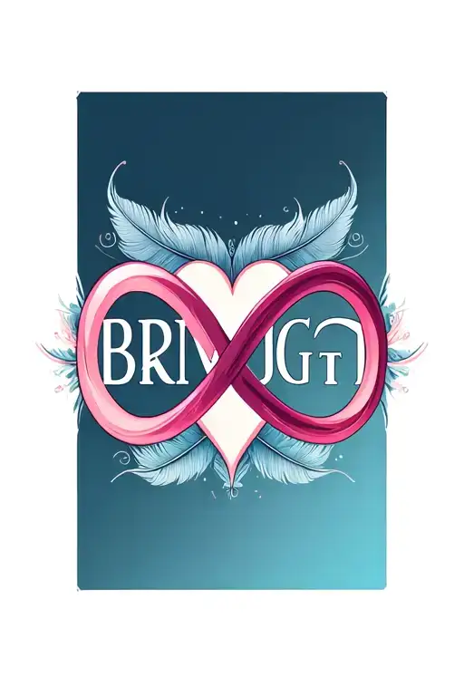 "BRMJGT" "BRMJGT" "BRMJGT"  letters incorporated in forming infinity symbol surrounded by hearts feathered background  tattoo design idea