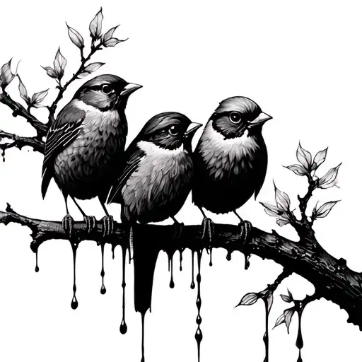 three birds sitting on a dripping branch tattoo design idea