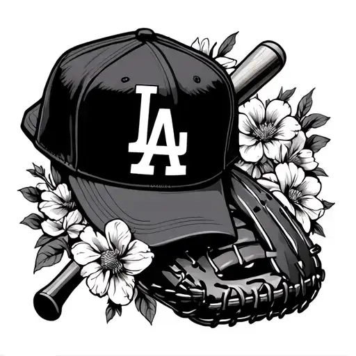 LA Dodgers with floral, baseball cap, baseball glove, and baseball bat tattoo design idea