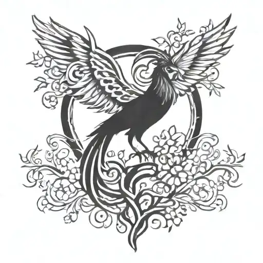 "Phoenix rising from a blooming tree, symbolizing growth, empowerment, and leadership. Tree roots represent stability an tattoo design idea