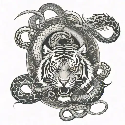 A tiger and a Dragon surrounded by 2 huge snakes tattoo design idea