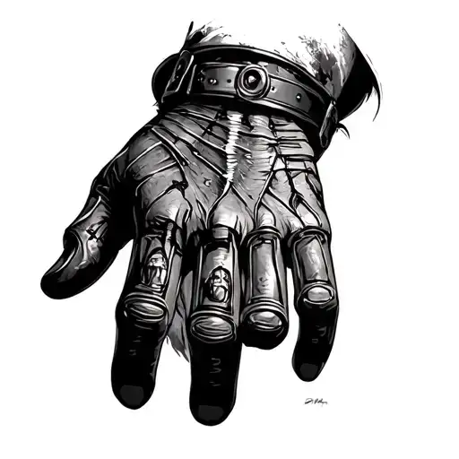 A nightmarish portrait of a mechanic's hand transforming into the glove of Freddy Krueger, with Chucky, Michael Myers, Jason, and Leatherface peering out from the shadows tattoo design idea