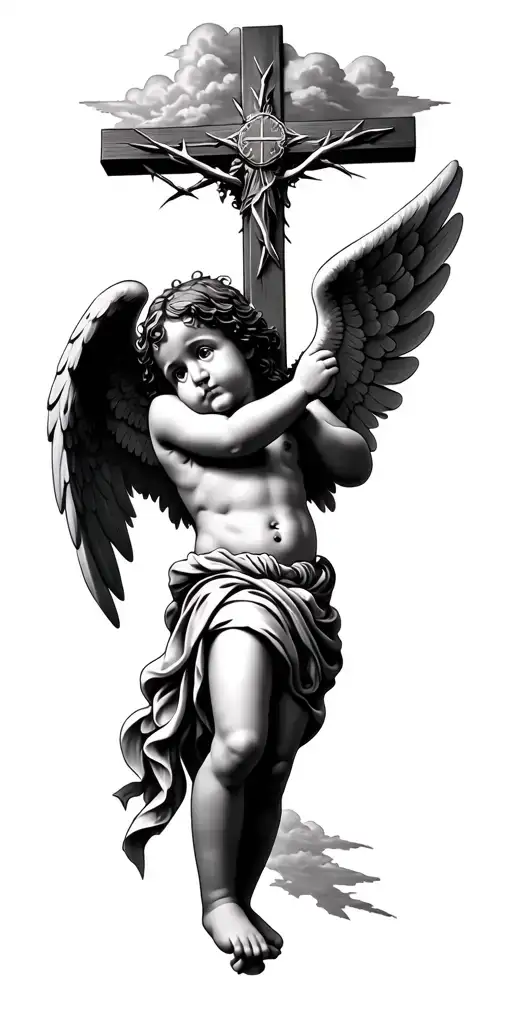 a baby angel with wings holding a Jesus cross with god with thorns around his head and the  clouds at the top  tattoo design idea