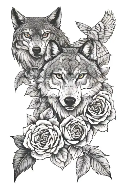 Wolf head with a rose, a peony flower and a owl tattoo design idea