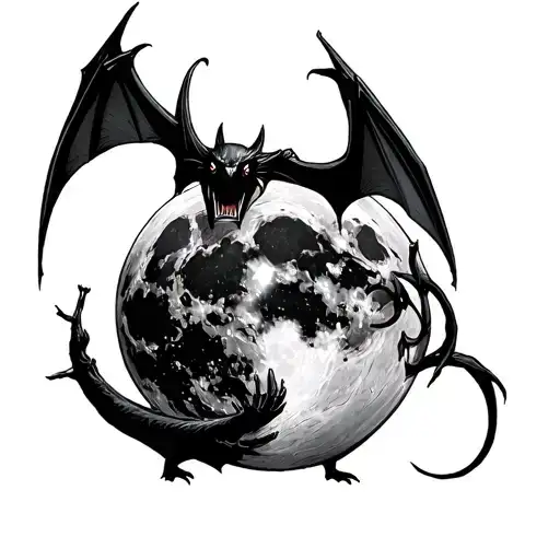 Evil, upright bat standing to the right of themoon• Right-side wing wraps around the moon like it's gripping/holding it  tattoo design idea