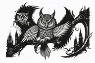 owl wolf perched on a bow arrows tattoo design idea