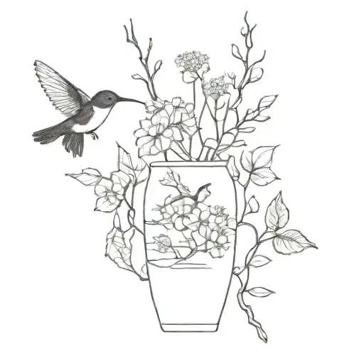 create an image of a kintsugi style vase tattoo with dried hydrangeaus and a hummingbird and black capped chicadee black tattoo design idea