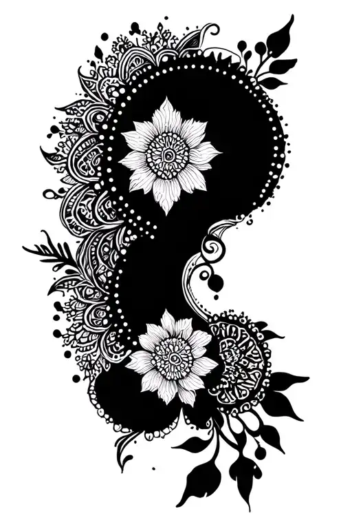 fine line sleeve with an elbow mandala incorporating dotwork/stipple as space filler/shading, small floral components tattoo design idea