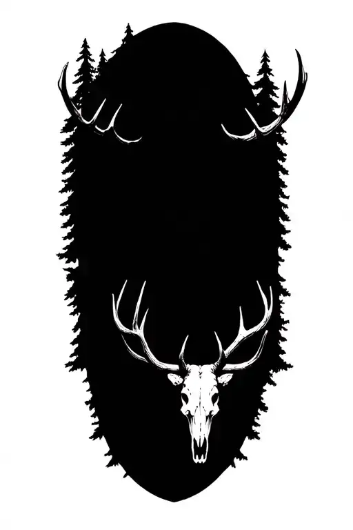 elk skull, hunting scene, clock face, pine trees tattoo design idea