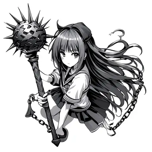anime high school girl holding a flail spiked ball on chain tattoo design idea