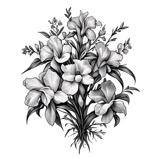 alder tree  with iris, daffodil, delphinium flower  tattoo design idea