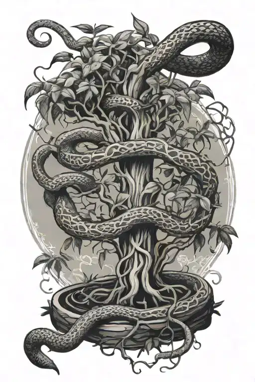 money tree growing with dangers snake wrapped tattoo design idea