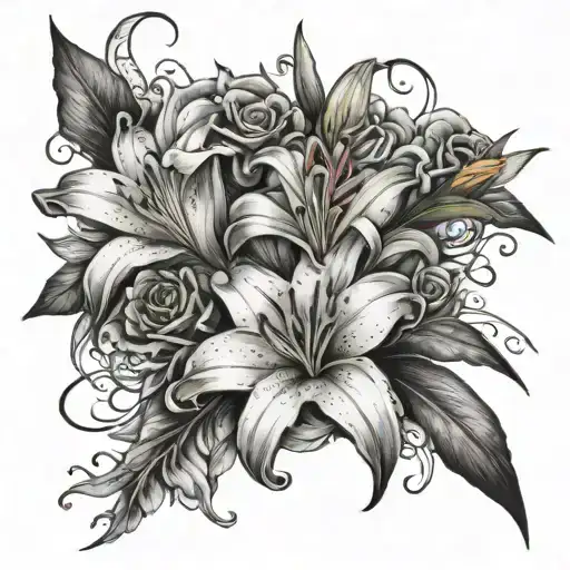 lilies and rose bouquet with I'm half sick of seeing shadows underneath it with a shadow of the bouquet underneath  tattoo design idea