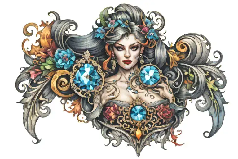A large tattoo stretching across the cleavage and shoulders. It has baroque style tendrils with colourful diamonds and s tattoo design idea