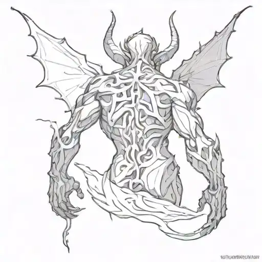 b&w demon with shadows on the whole back with abstractions tattoo design idea