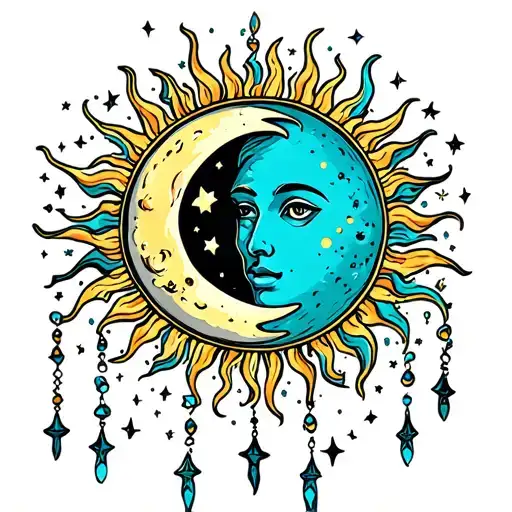 moon and sun merging with stars hanging down  tattoo design idea
