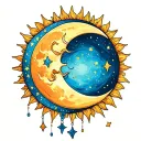 moon and sun merging with stars hanging down  tattoo design idea