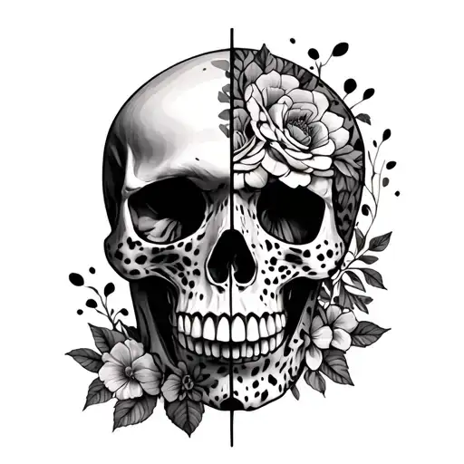 half skull other half flowers with cheetah spots around it tattoo design idea